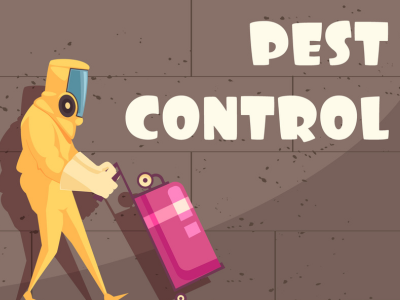 A cartoon man in a yellow suit with a suitcase marked 'Pest Control,' representing a pest marketing expert.